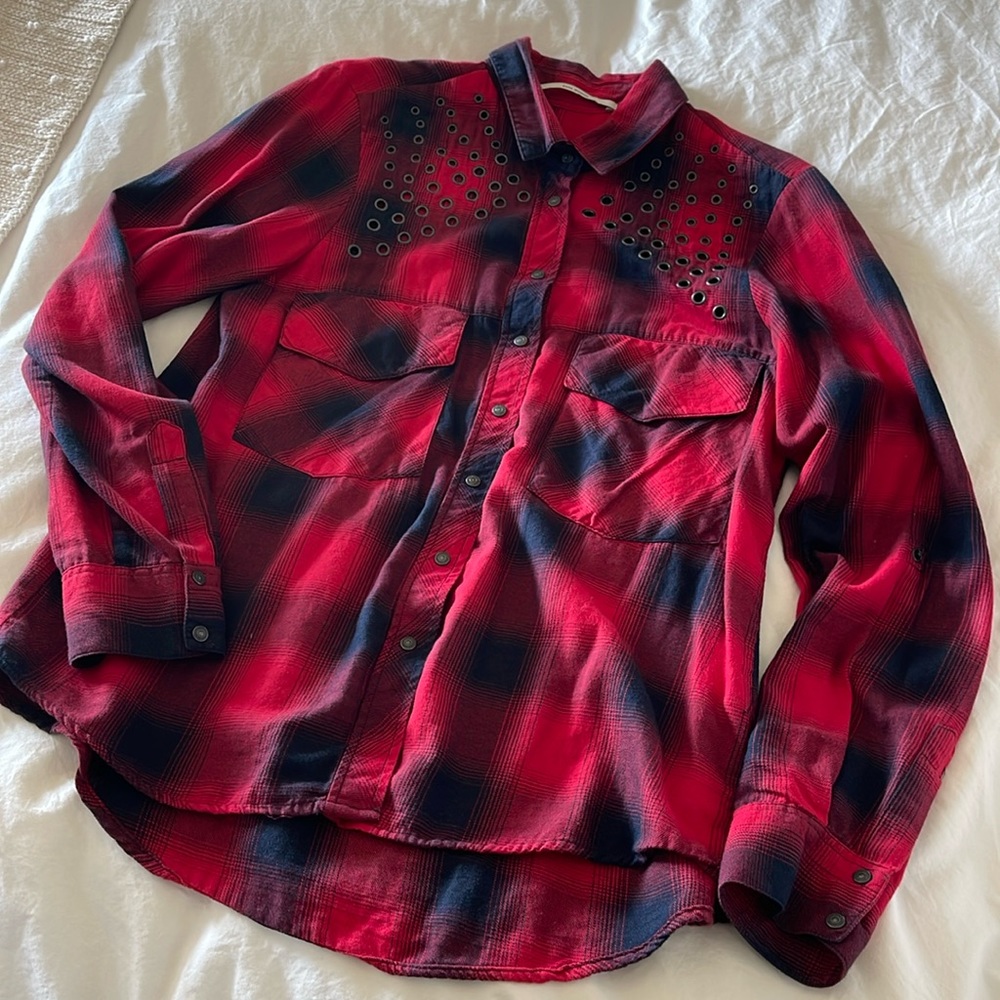 Plaid snap button down with metal details